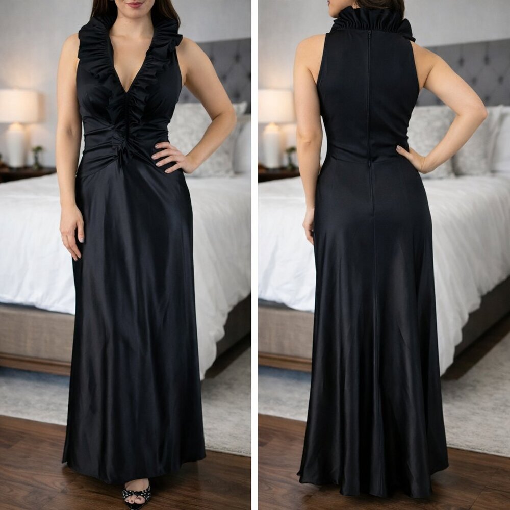 Tadashi Black Satin Ruffle High Collar Maxi Dress $495